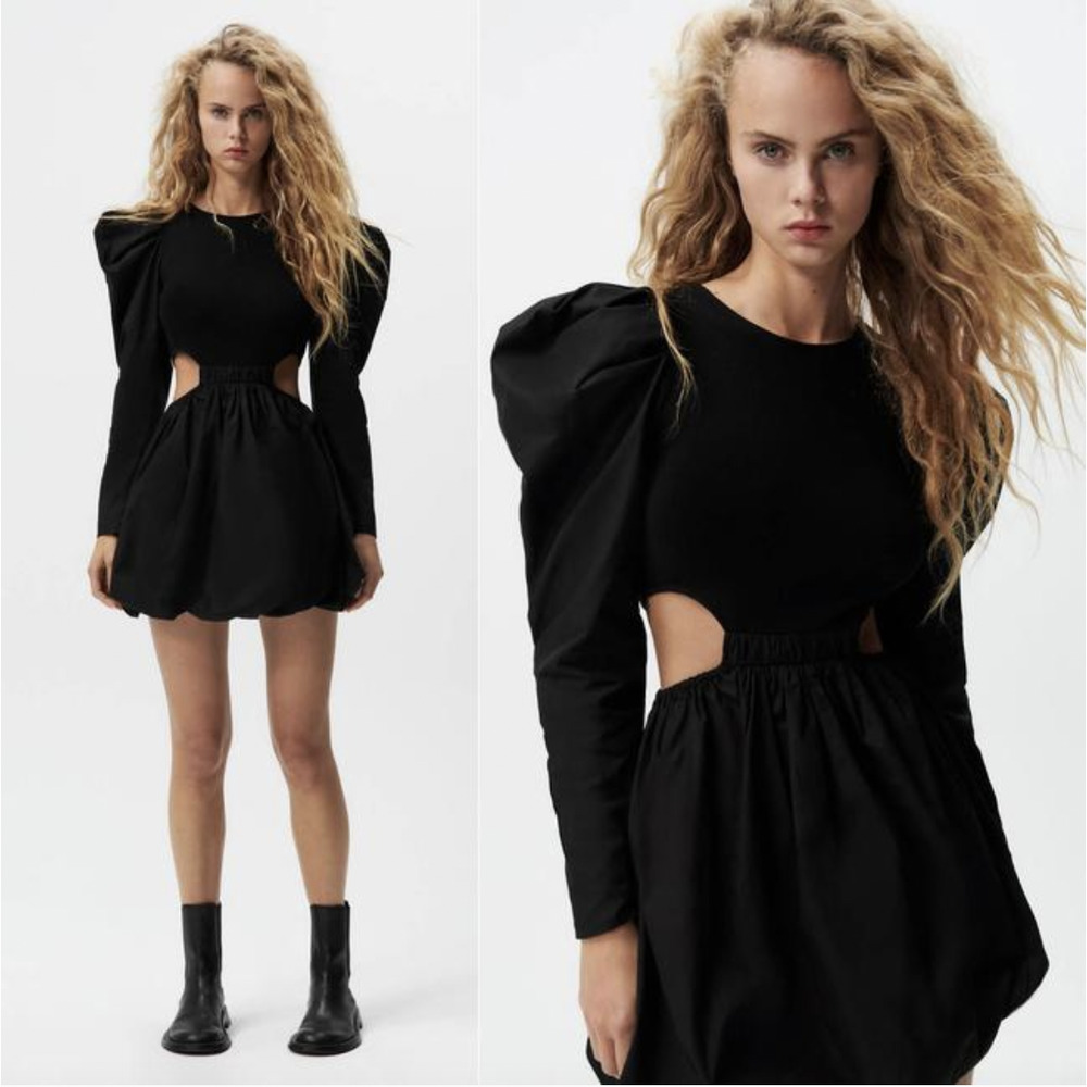ZARA Black Puff Sleeve Cut Out Voluminous Dress Size S NWT